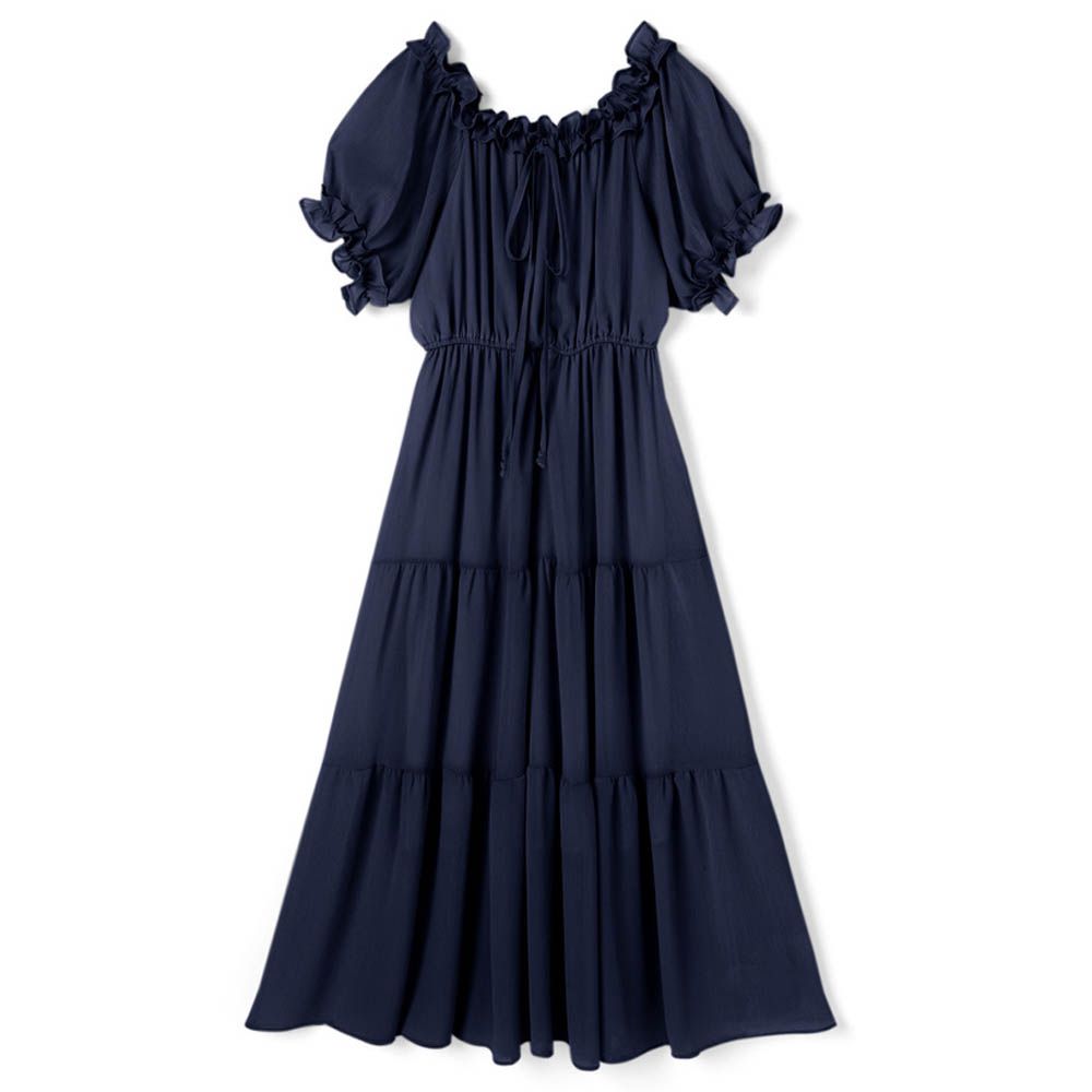 浪漫滾邊收腰分層飄逸短袖洋裝-海軍藍 (F)