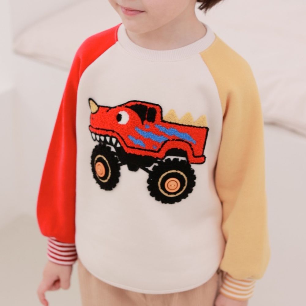 Coco rabbit (內磨毛)撞色長袖大學T-毛絨恐龍車車-紅X芥黃