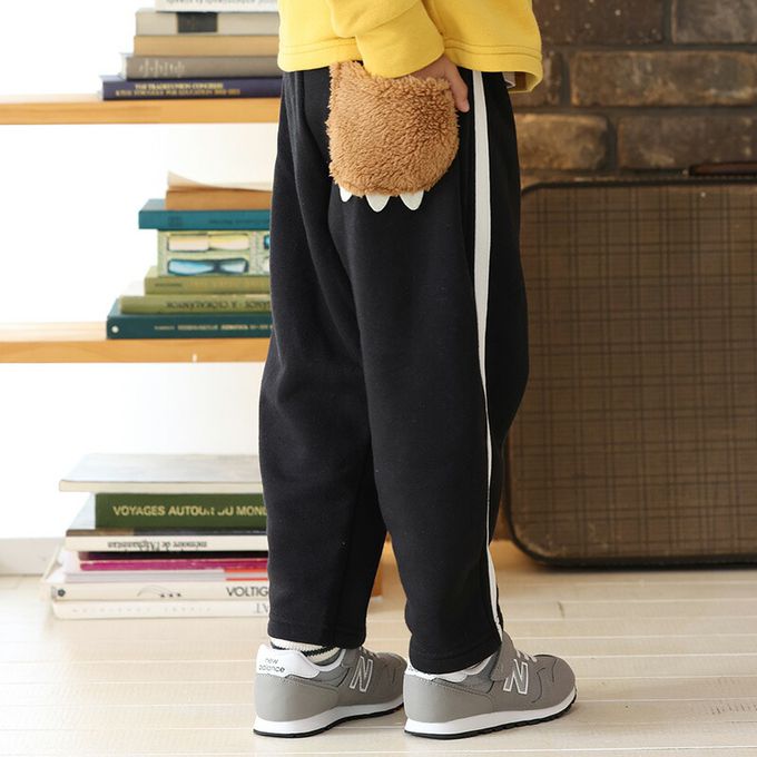 日本 ZOOLAND - 熊掌毛絨口袋裏起毛休閒長褲-黑