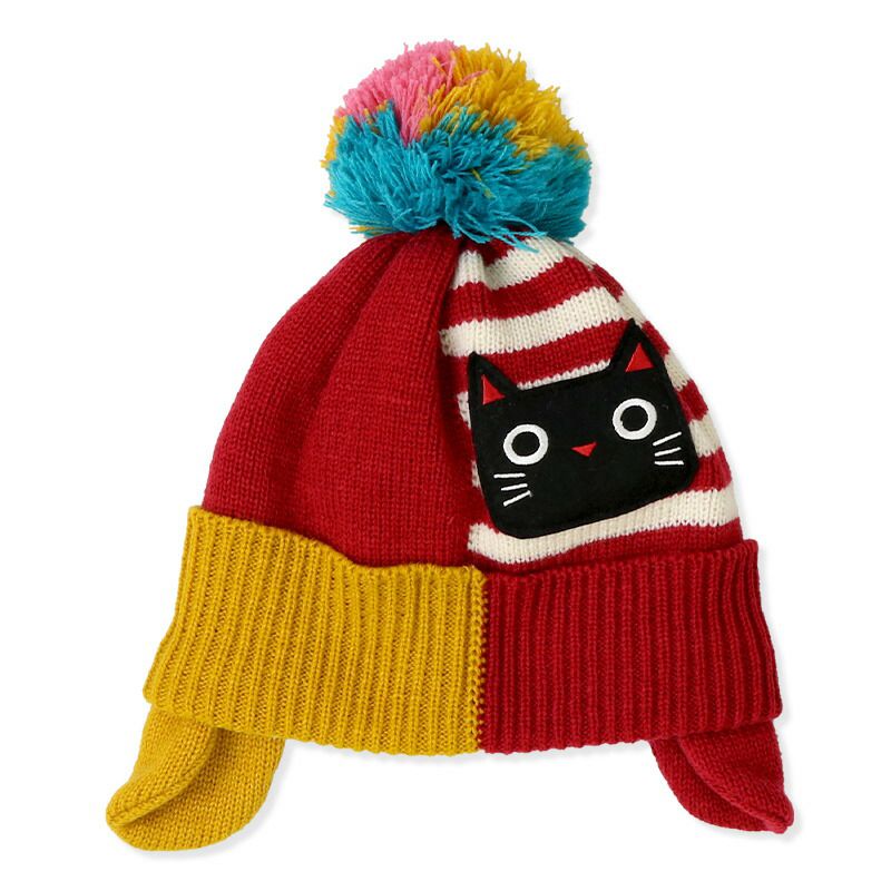 日本 ZOOLAND - 防寒刷毛保暖針織毛帽-小貓條紋撞色-粉x橘 (頭圍(50-54cm))