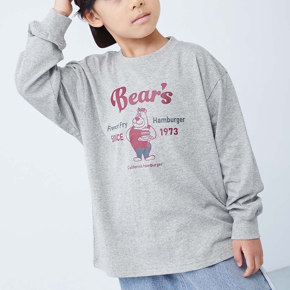 100%棉 寬鬆版型縮口長袖上衣-熊廚師-淺灰