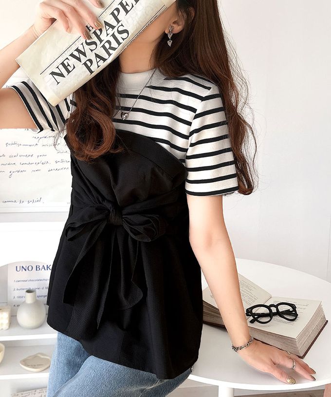 日本 Classical Elf - 時尚顯瘦綁帶拼接風短袖上衣-白x淺灰