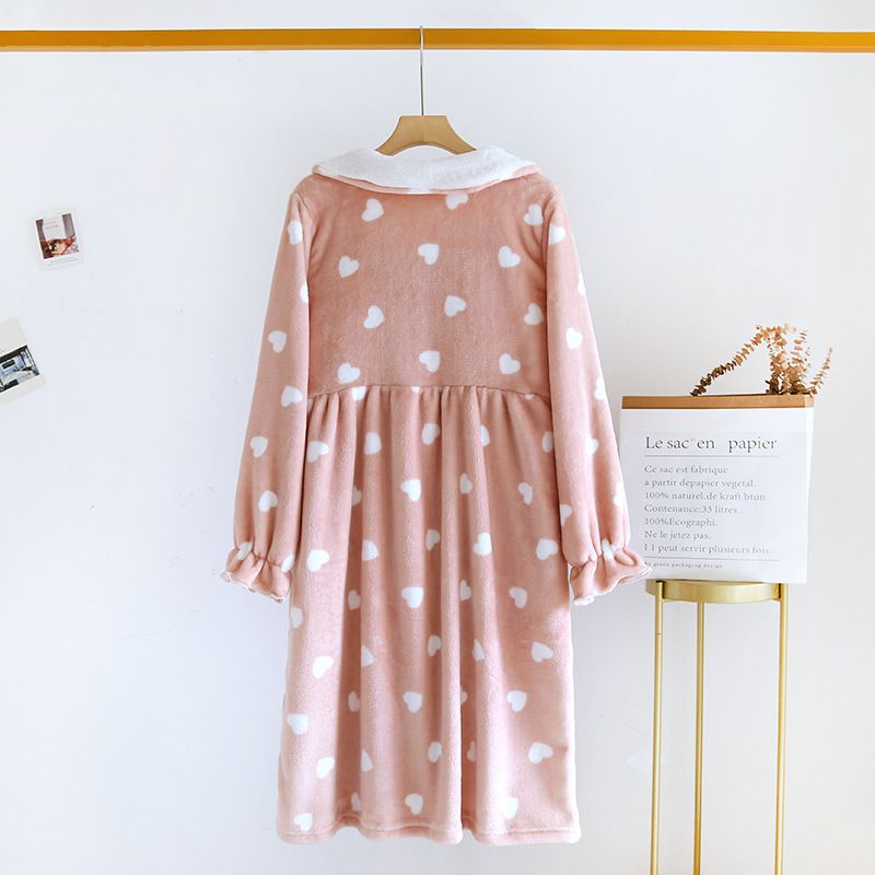 法蘭絨暖暖長袖連身睡衣-愛心-粉色