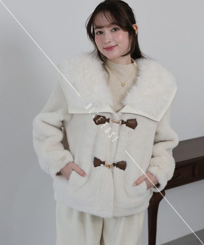 日本 BLUE EAST - 華麗注目皮草感大翻領金扣外套-咖啡