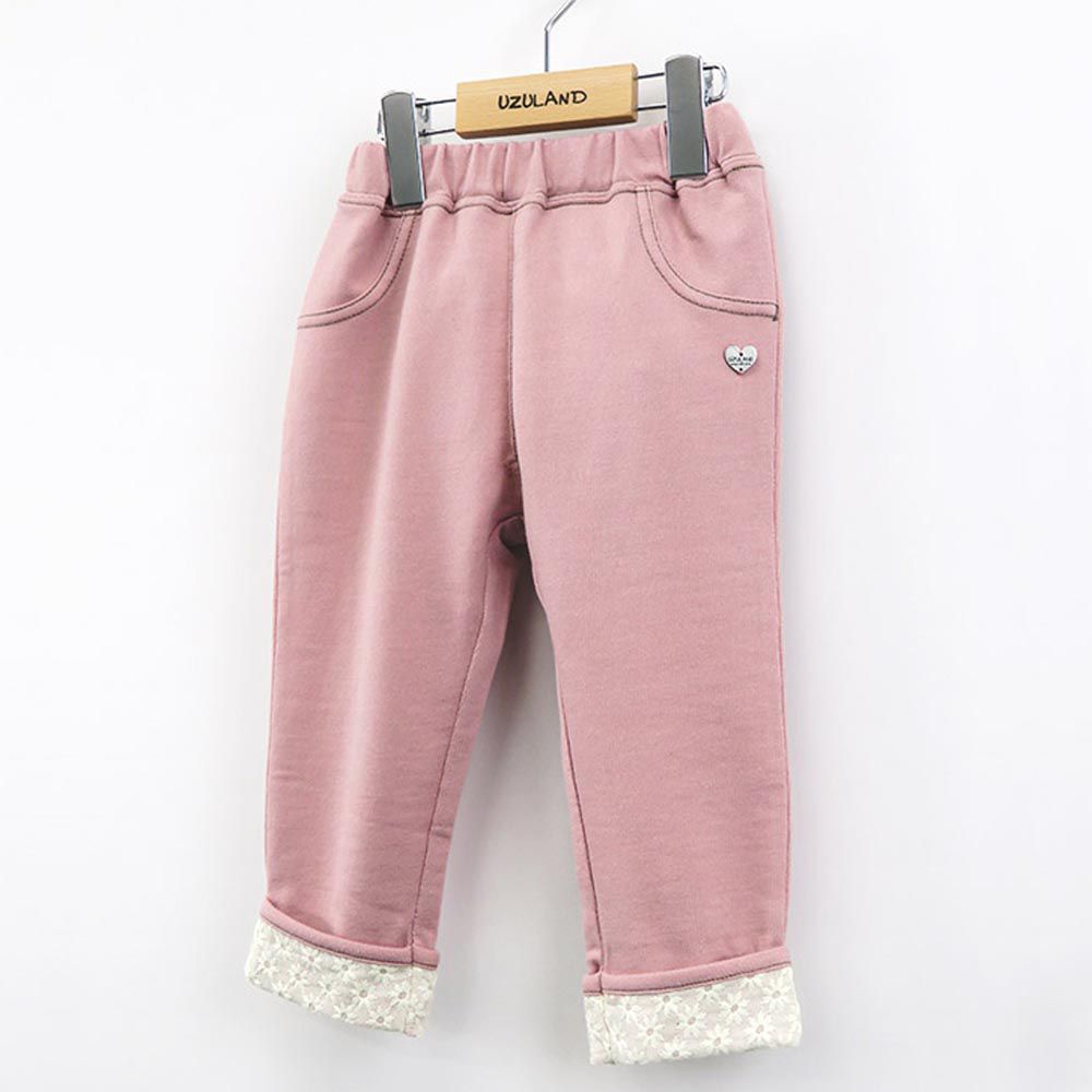 日本 ZOOLAND - 刺繡小白花反摺純棉長褲-粉紅