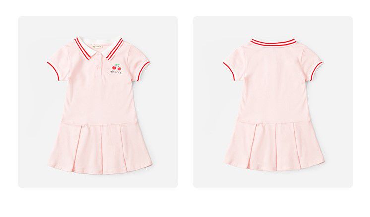 POLO運動風百摺短袖洋裝-櫻桃小圖-粉色