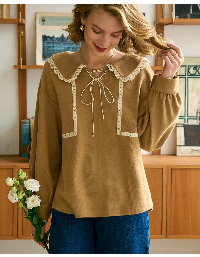 蕾絲拼接綁帶長袖上衣-卡其色