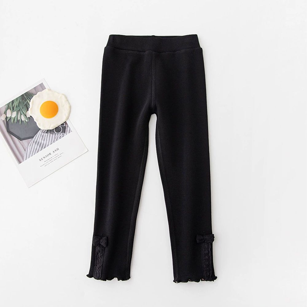 保暖微抓絨內搭褲-蕾絲蝴蝶結-黑色