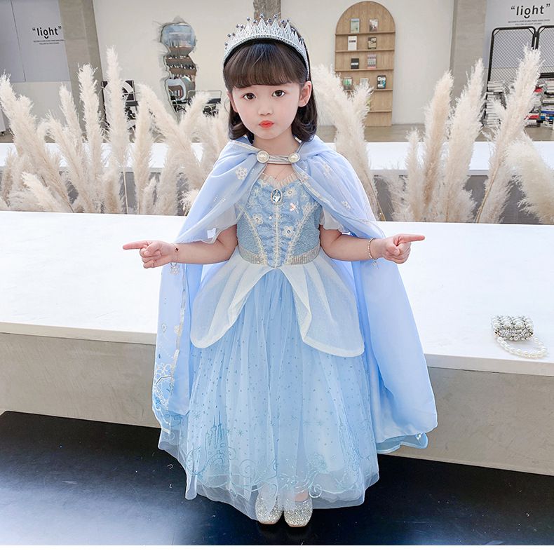 灰姑娘公主袖網紗洋裝-溫柔藍