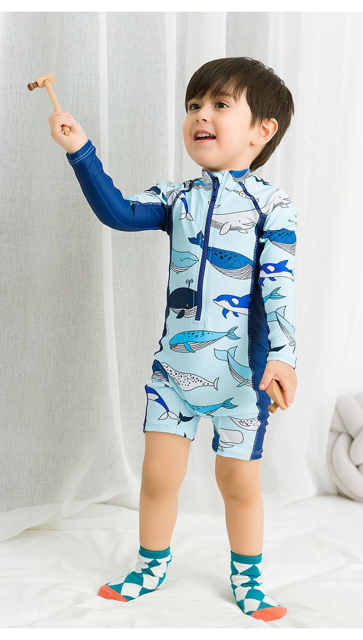 男寶長袖連身泳裝(附帽子)-鯨魚-深藍+淺藍