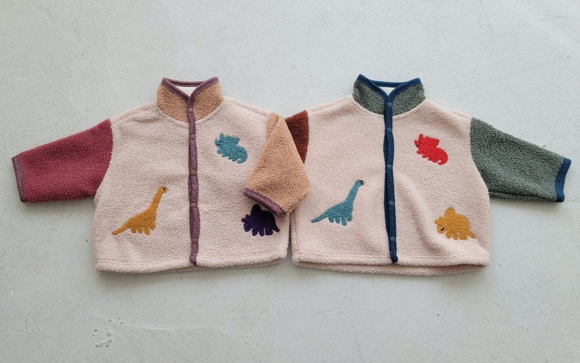 韓國 Mimico - 搖粒絨三色恐龍外套-玫粉X杏