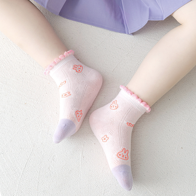 love, charlotte - 泡泡花邊花園小兔紫色網眼短筒棉襪-5 雙一組