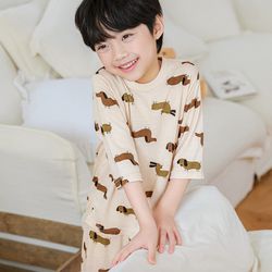 韓國 Ppippilong - 親膚莫代爾7分袖家居服/睡衣-臘腸狗插畫-米膚