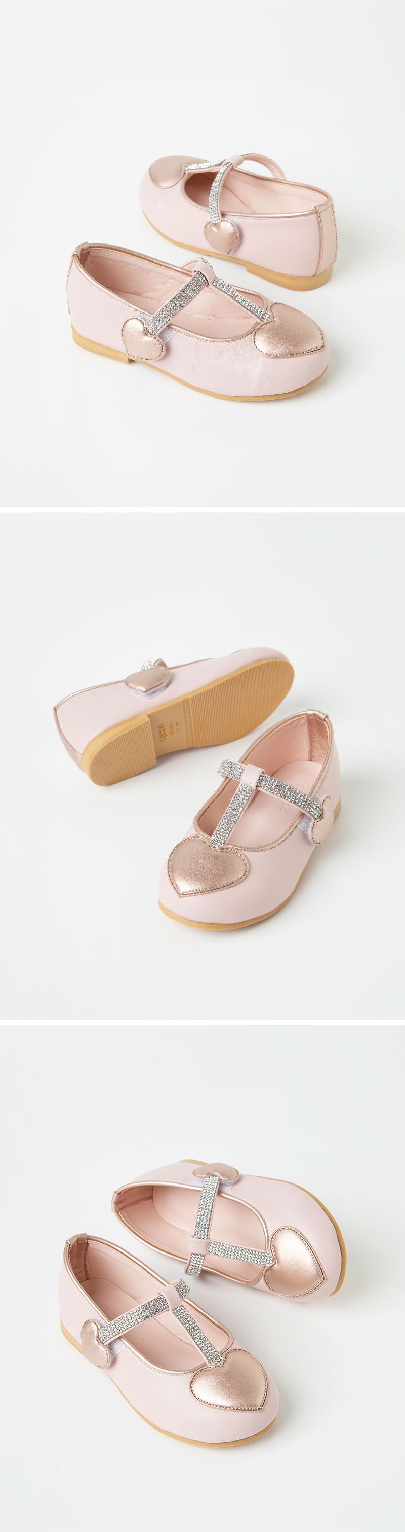 韓國 OZKIZ - 細鑽點綴愛心魔鬼氈皮鞋-淺粉