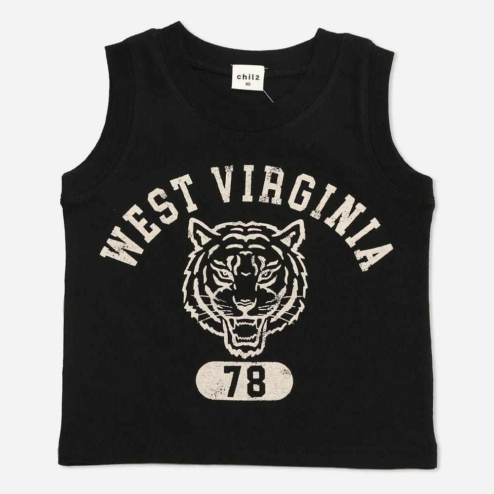 [超低價] 100%棉 童趣印花背心上衣-老虎-黑