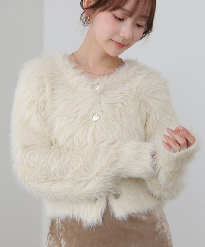 日本 Bab - 奢華毛海愛心扣前後2way開襟衫-短版-象牙