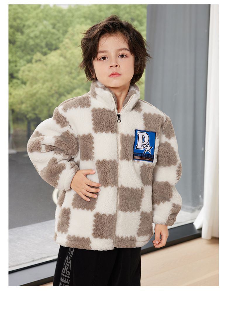 羊羔絨兒童保暖外套-帥氣格紋-綠色