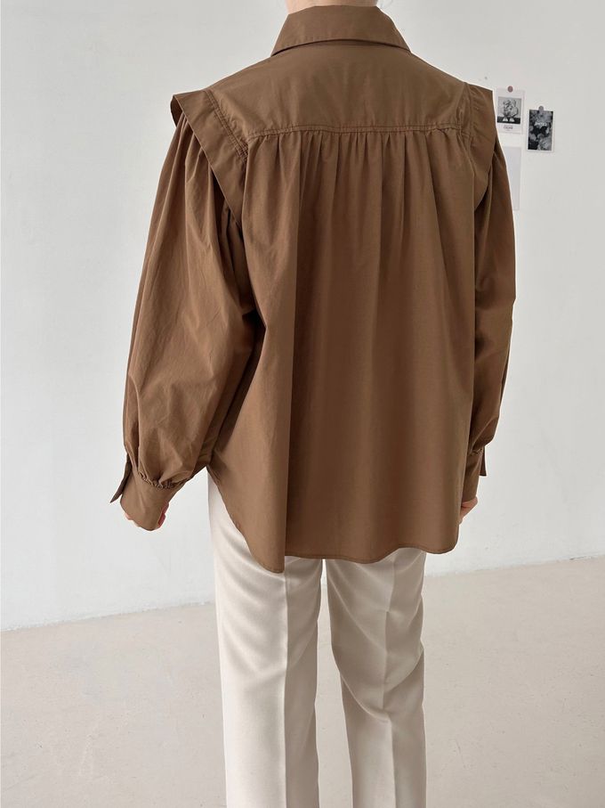 韓國女裝連線 - 知性拼接感長袖襯衫-咖啡 (FREE)