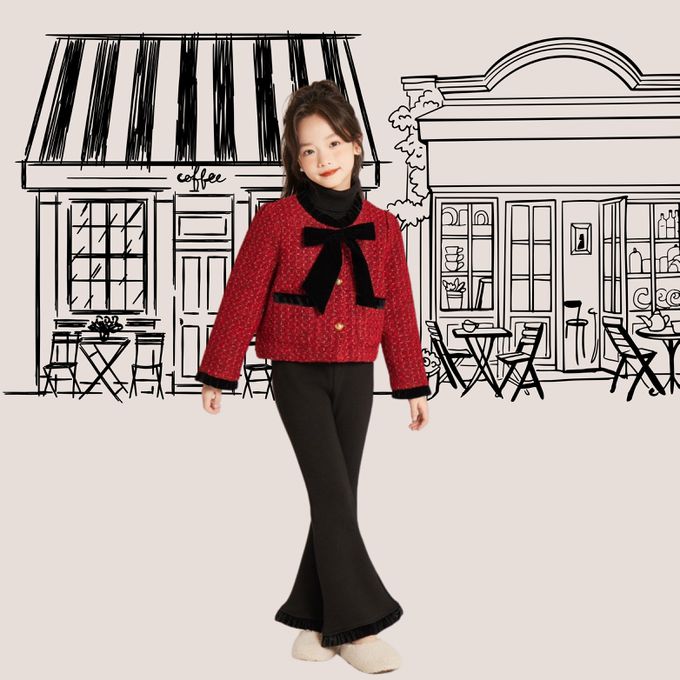 法式小香風紅亮絲粗花呢外套配高腰喇叭褲 新年拜年喜氣小香風紅女童套裝
