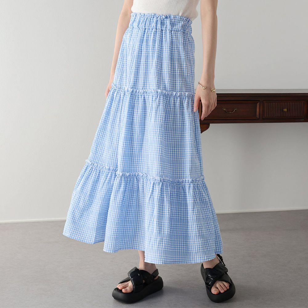 柔美可愛細格紋分層長裙-水藍