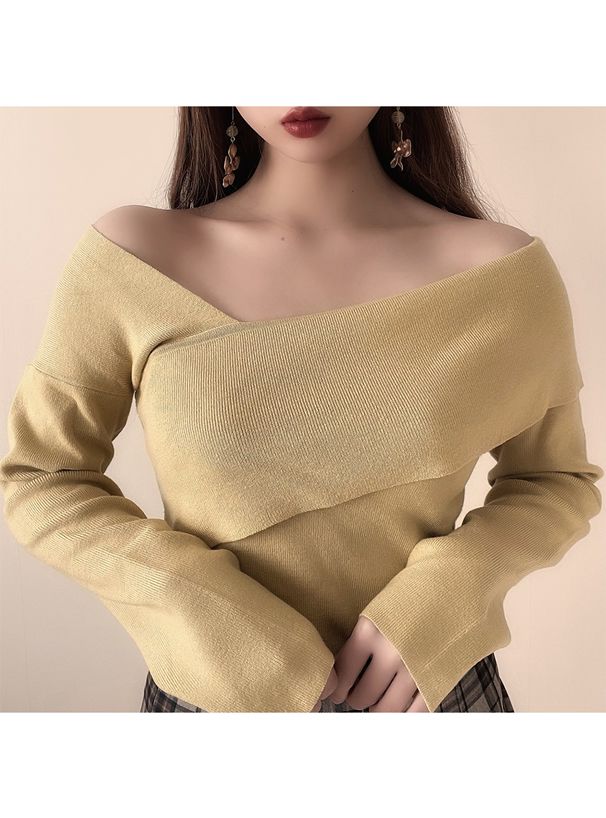 日本 GRL - 不對稱斜開一字領露肩針織長袖上衣-粉