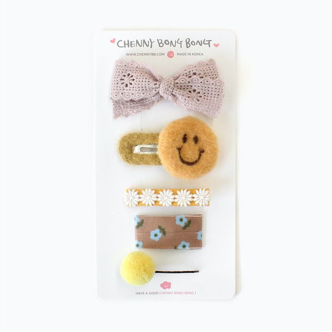 韓國 Chenny Bong Bong - 微笑臉蝴蝶結髮夾組合-黃-五入組