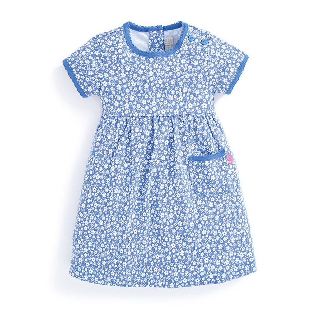 英國 JoJo Maman BeBe - 超優質嬰幼兒/兒童100％純棉短袖洋裝-淺藍花卉