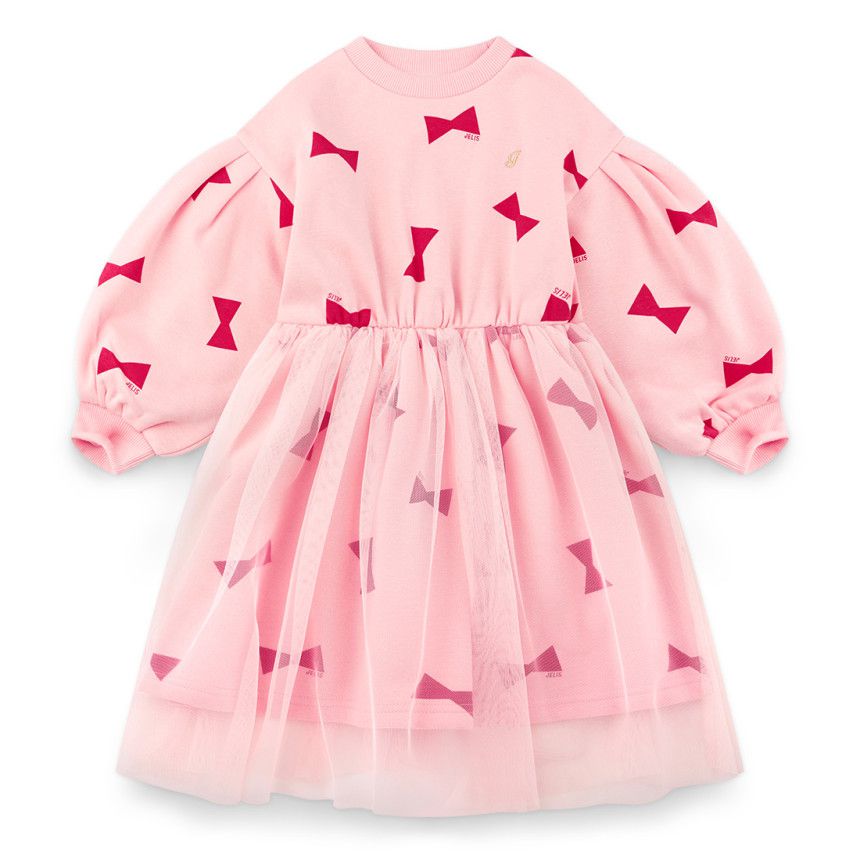 韓國 Jelispoon - (內刷毛)蝴蝶結泡泡袖網紗拼接洋裝-象牙白