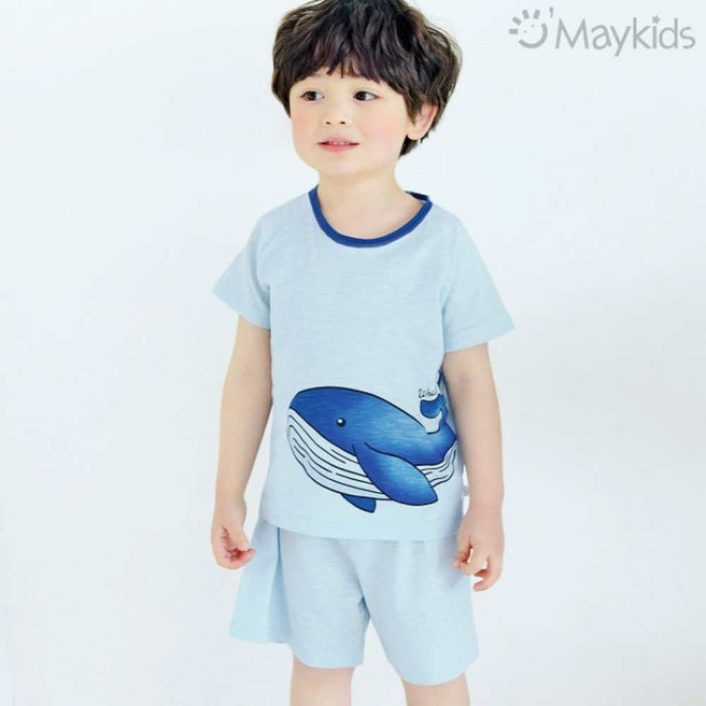 輕薄細柔棉短袖家居服-悠遊鯨魚-淺藍