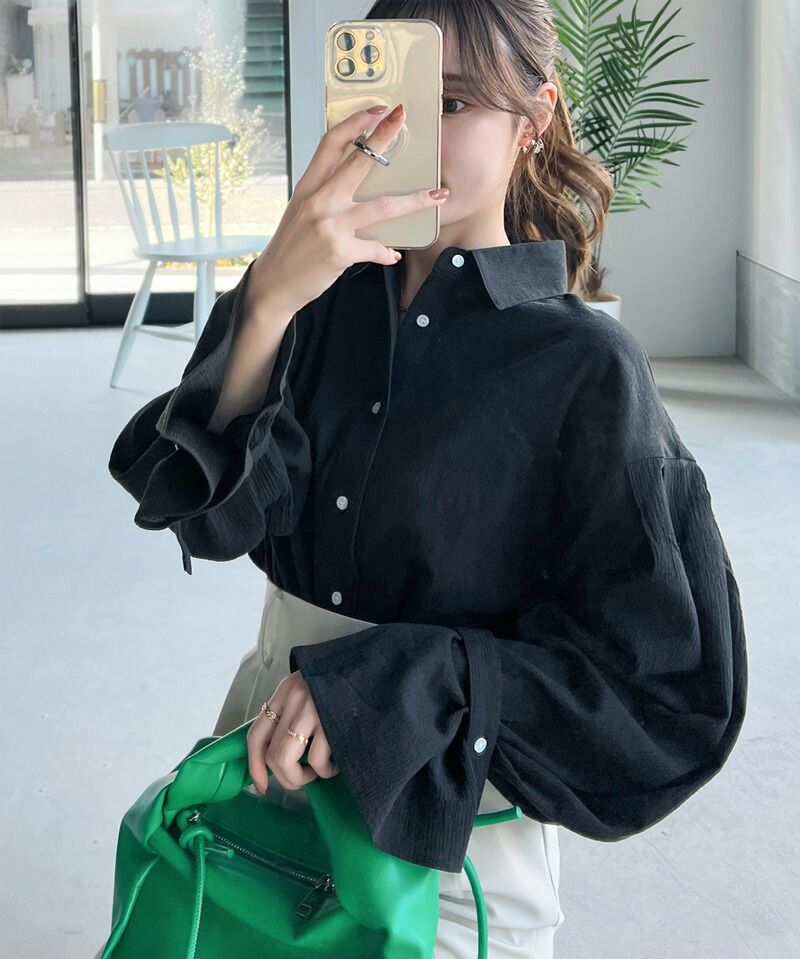 日本 Classical Elf - 氣質微透膚落肩寬袖襯衫-米白