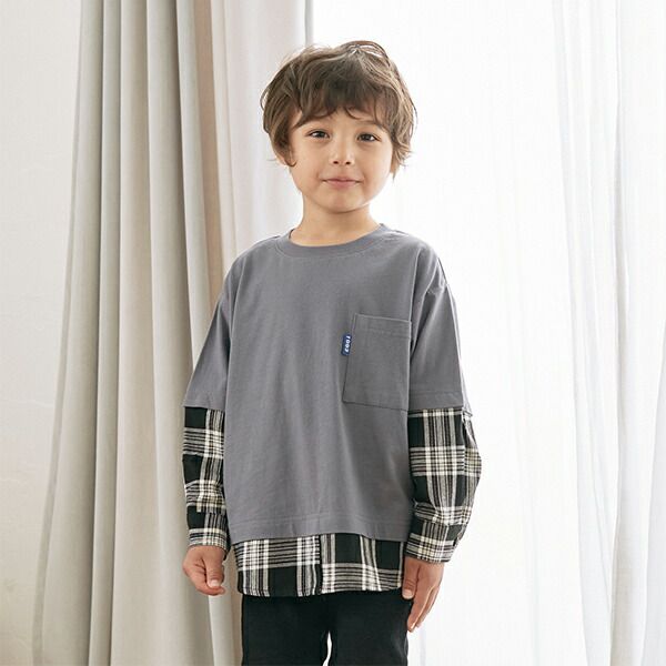 日本 b-ROOM - 假二件寬版大口袋長袖上衣-海軍藍x灰格紋