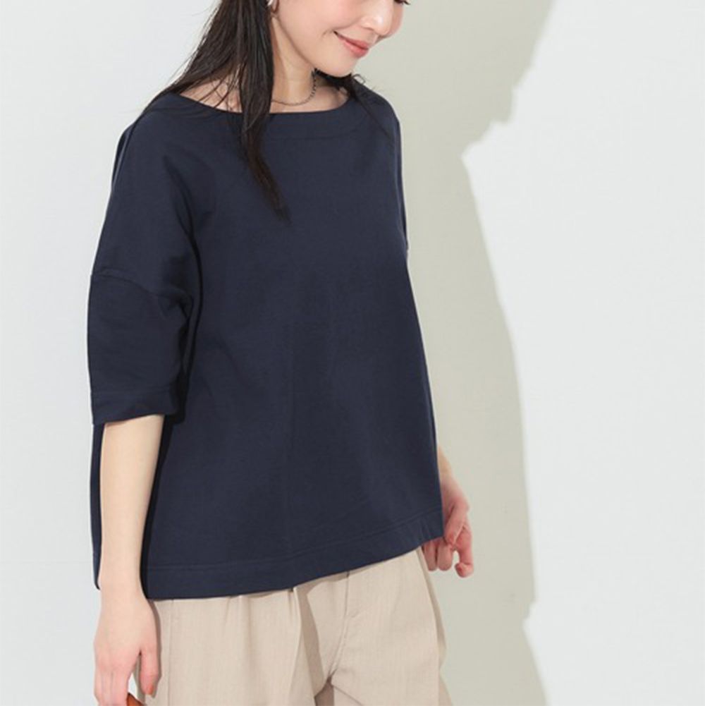 100%棉 寬版船領五分袖上衣-海軍藍