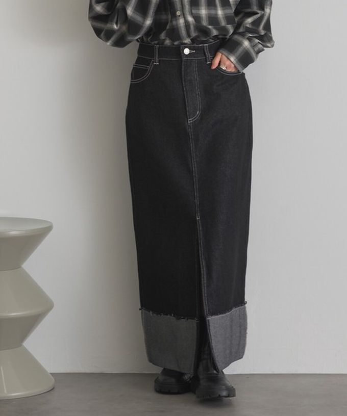 日本 ELENCARE DUE - 10oz抽鬚摺邊俐落前開叉牛仔長裙-黑