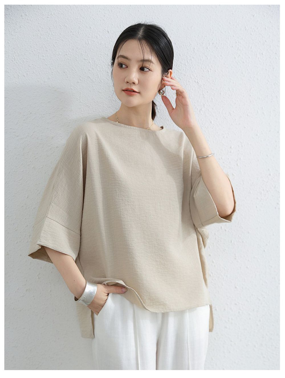 簡約優雅寬袖上衣-杏色 (F)