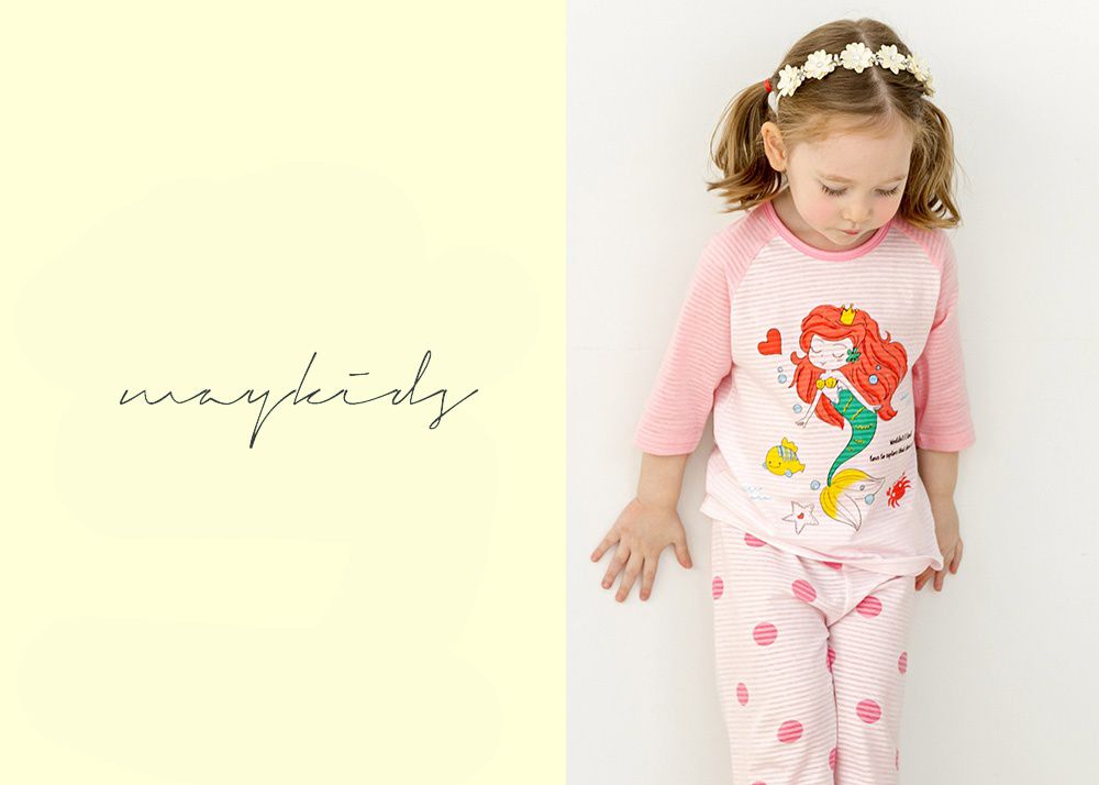 韓國 Maykids - 無螢光棉透氣七分袖家居服-人魚公主