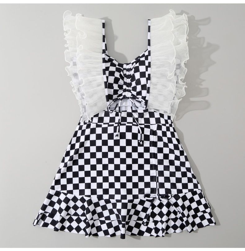 網紗荷葉格紋高腰連身泳衣-黑+白