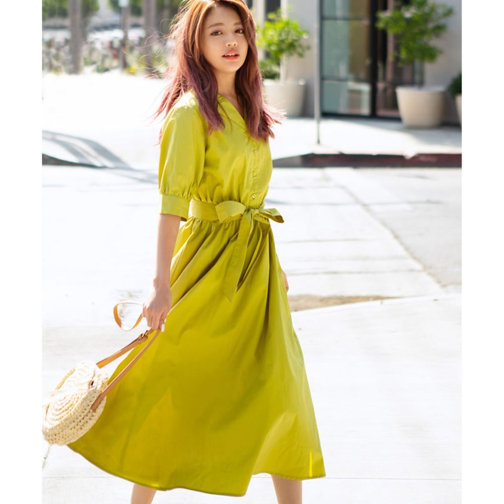 日本 GRL - 腰間綁帶五分袖襯衫式洋裝-萊姆黃
