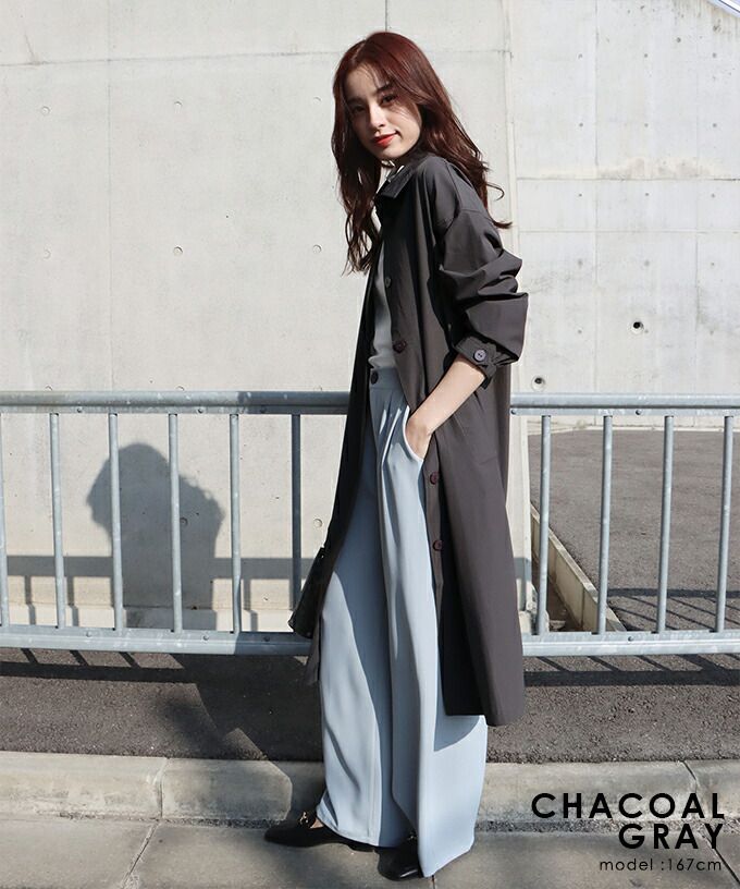 日本 BLUE EAST - 俐落簡約翻領長版風衣外套-灰