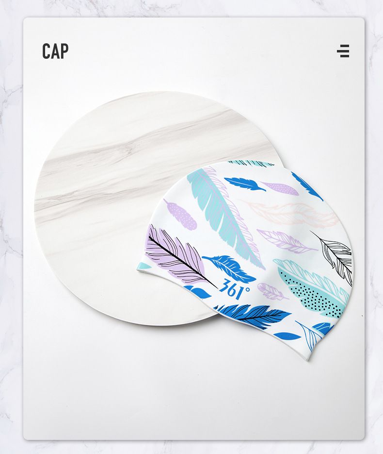 361° - 成人印花矽膠泳帽-羽毛-白色 (頭圍65cm以下)