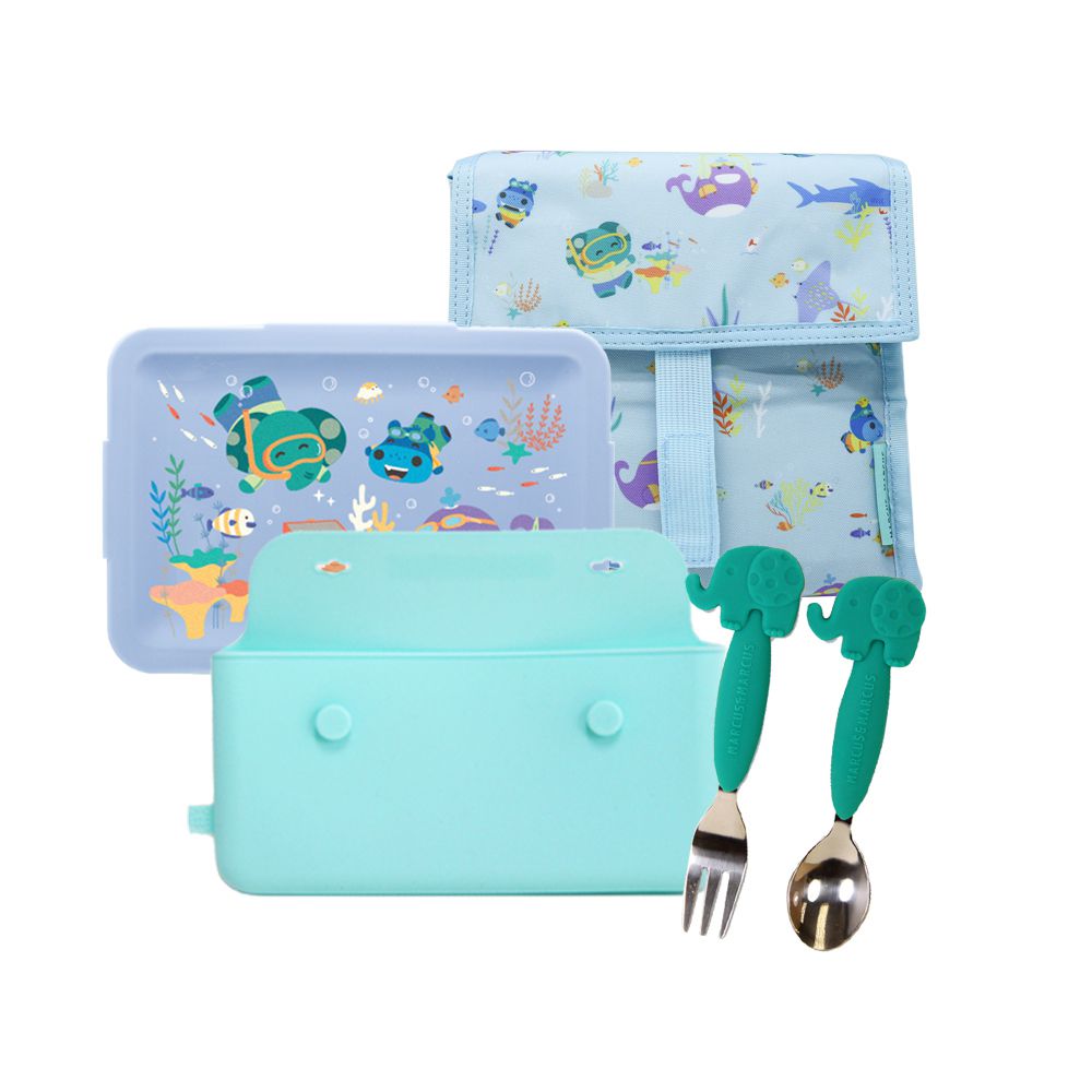 MARCUS＆MARCUS - 輕巧餐盒保溫袋餐具5入組(餐盒+餐袋+輕巧外出餐具組)-藍綠