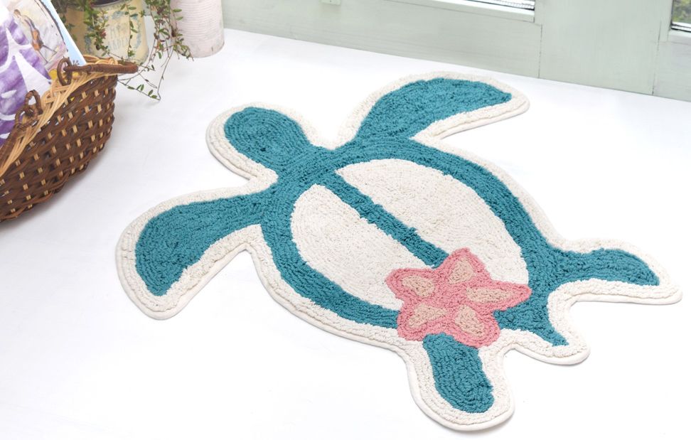 日本 TOMO - 夏威夷海洋風針織地墊-海龜-淺綠 (約65×62cm)