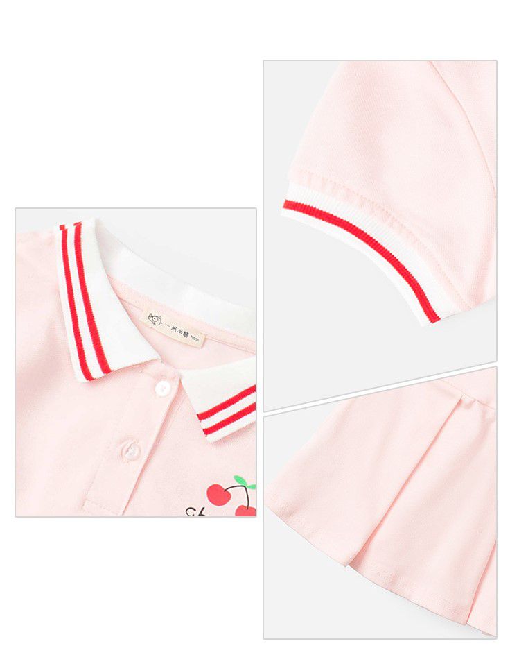 POLO運動風百摺短袖洋裝-櫻桃小圖-粉色