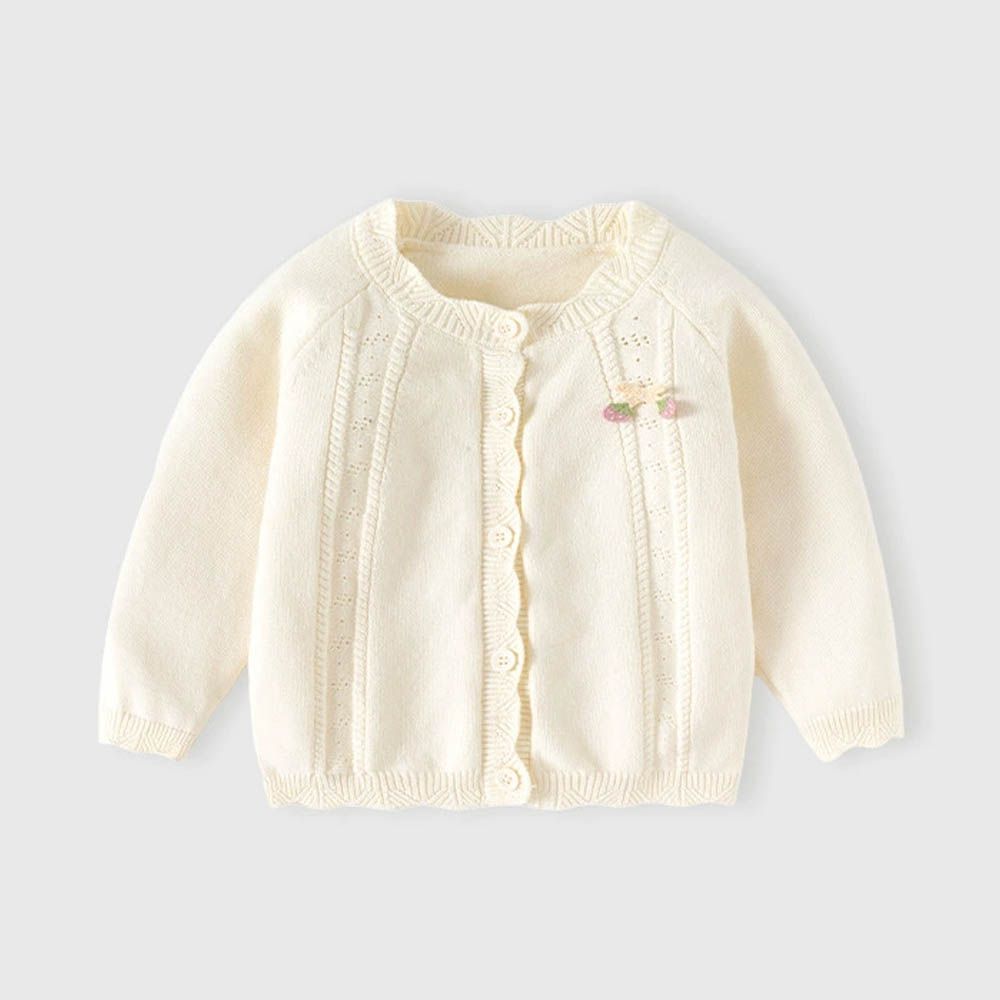 舒適花邊領針織排釦外套-草莓蝴蝶結-米杏