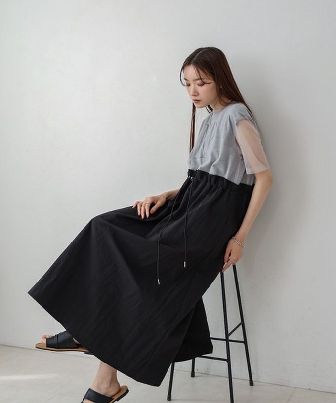 日本 Bab - 拼接層次感抽繩薄紗短袖洋裝-灰x黑