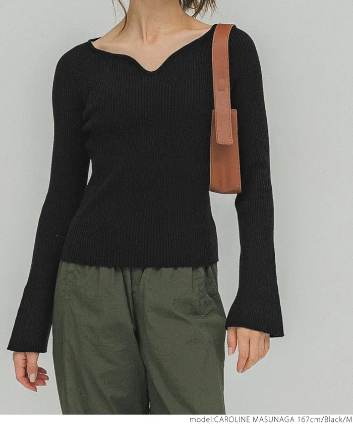 日本 COCA - 不規則領羅紋彈性上衣-黑