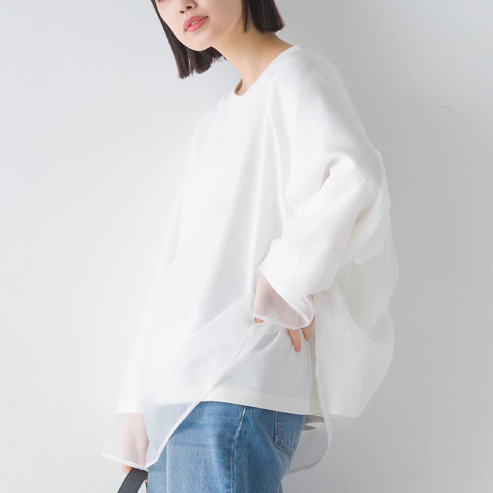 日本 OMNES - 薄紗層次感飄逸袖質感上衣-白