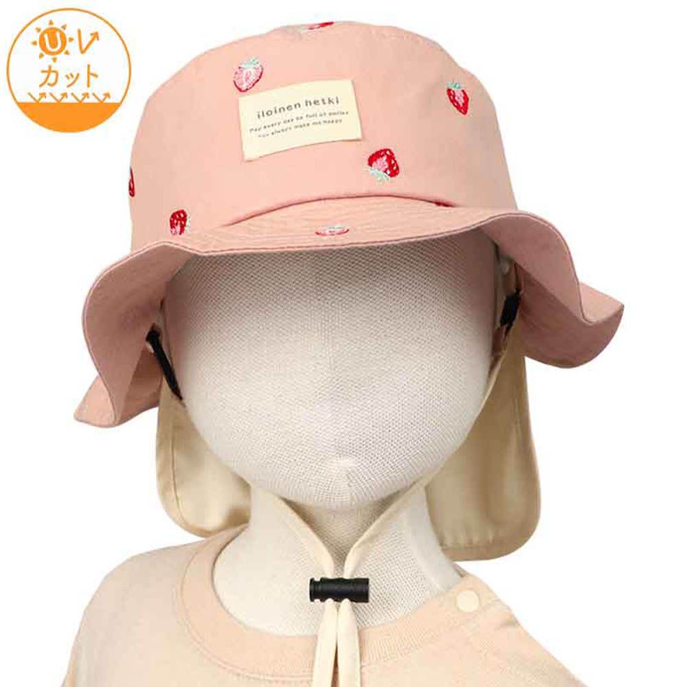 漁夫帽-滿版刺繡 附防曬遮陽布-粉紅色