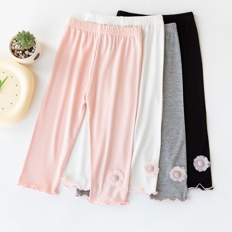 FANMOU - 莫代爾透氣七分內搭褲-甜美花朵-灰色-滾邊顏色隨機