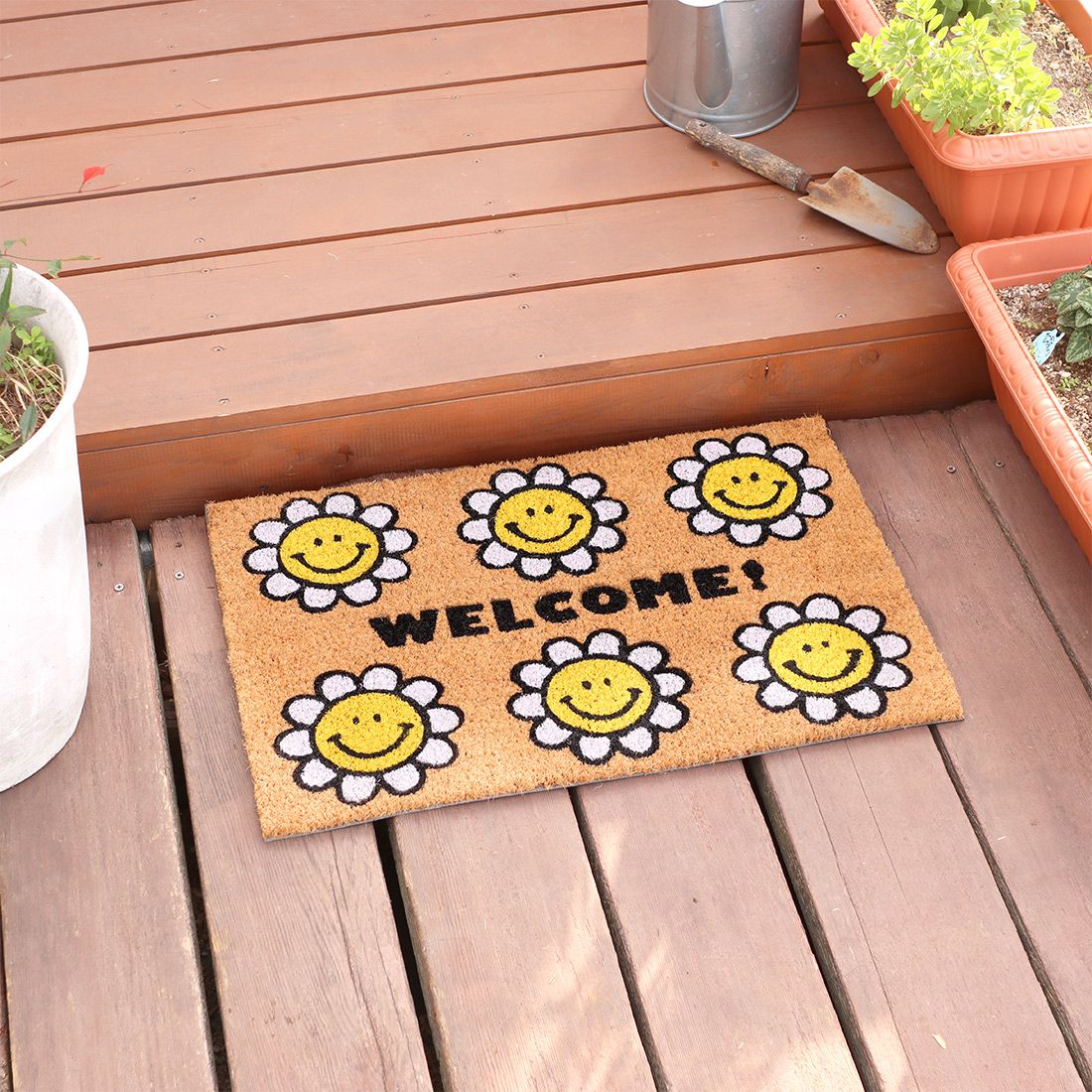 日本 TOMO - 椰子纖維室外腳踏墊/地墊-花花笑臉 (約60×40cm)