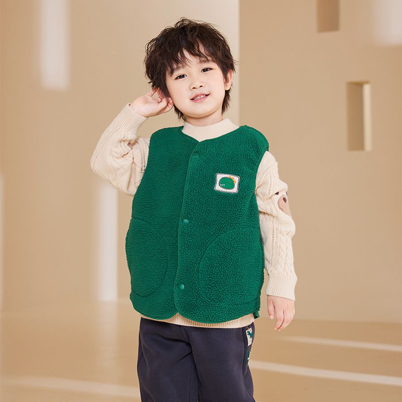 搖粒絨保暖兒童背心-恐龍-綠色